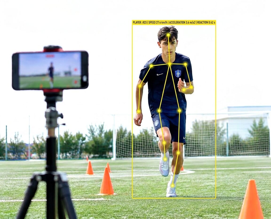 Jugador joven corriendo mientras un móvil sobre un trípode registra el test