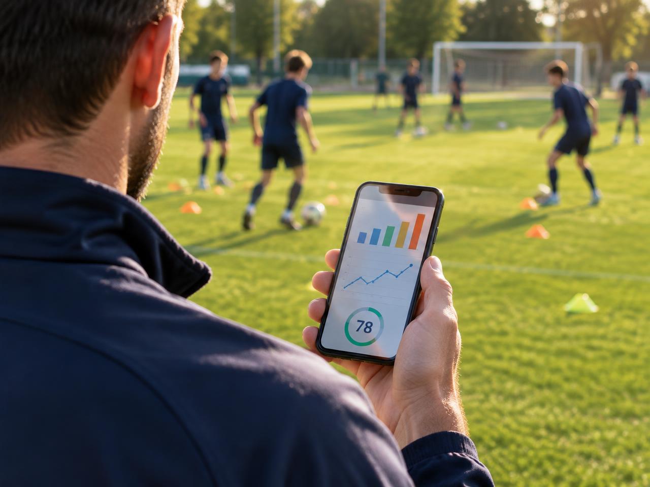 Entrenador consultando las métricas de un jugador en el móvil
