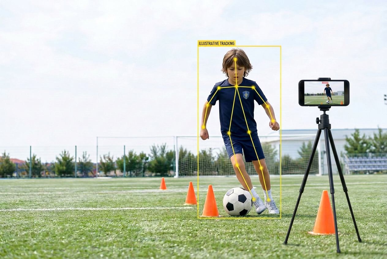 Illustrative youth football activity: a boy dribbling a ball with yellow pose tracking and a smartphone on a tripod recording at chest height