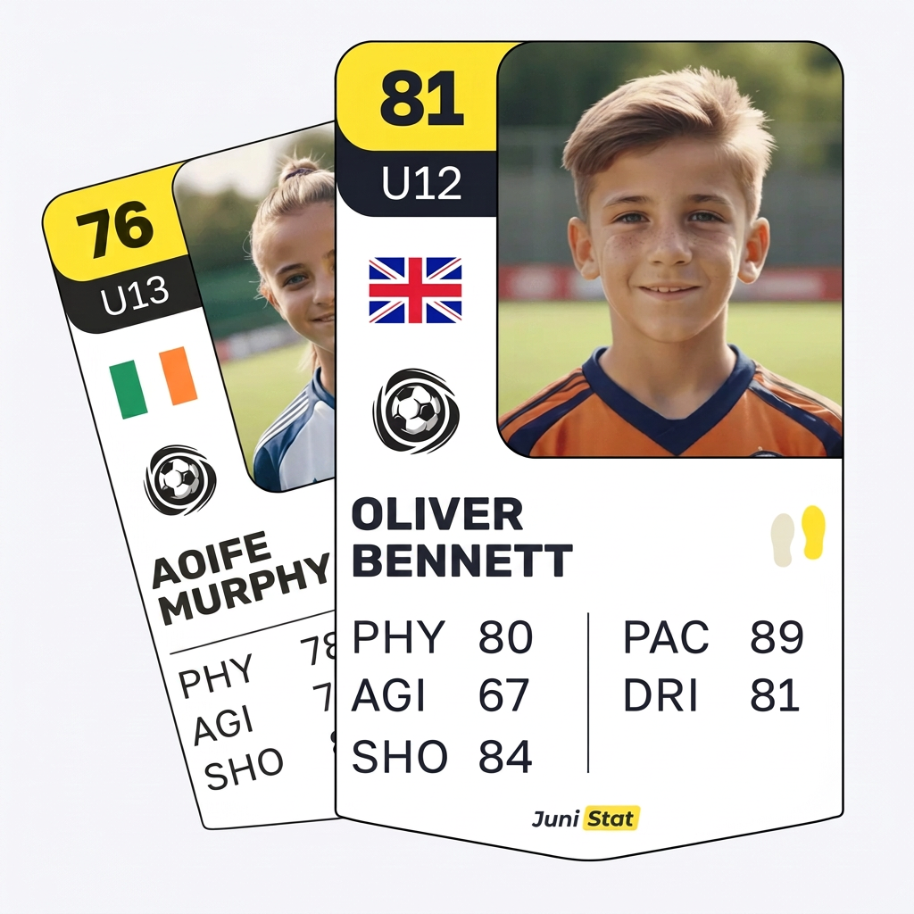 Illustrative JuniStat player cards: a boy with the UK flag and a girl with the Ireland flag