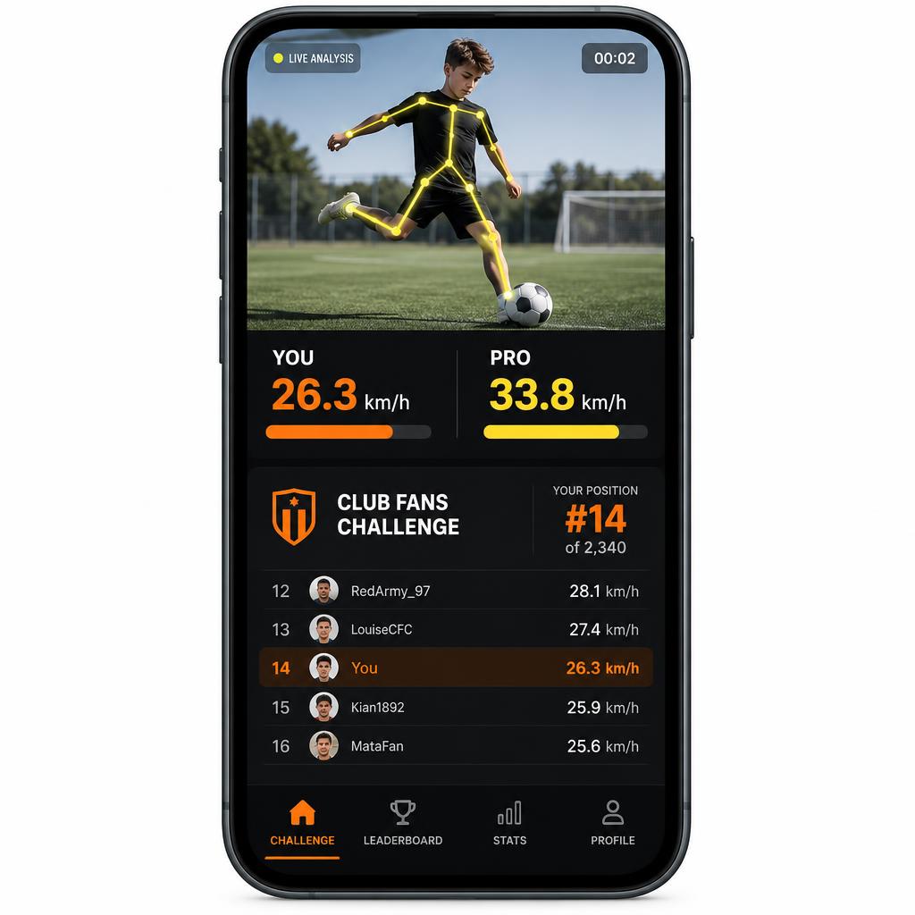 Illustrative app screen: fan result vs pro benchmark and club fan ranking