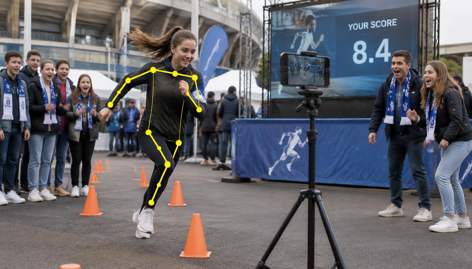 Young fans cheer as a girl sprints between cones in a stadium fan zone, phone on a tripod with skeletal tracking