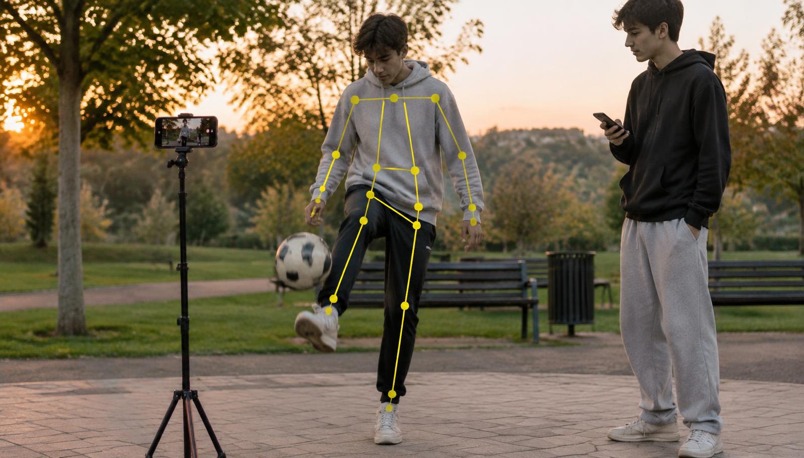 Teenager juggling a ball tracked by yellow skeleton lines, phone on a tripod recording